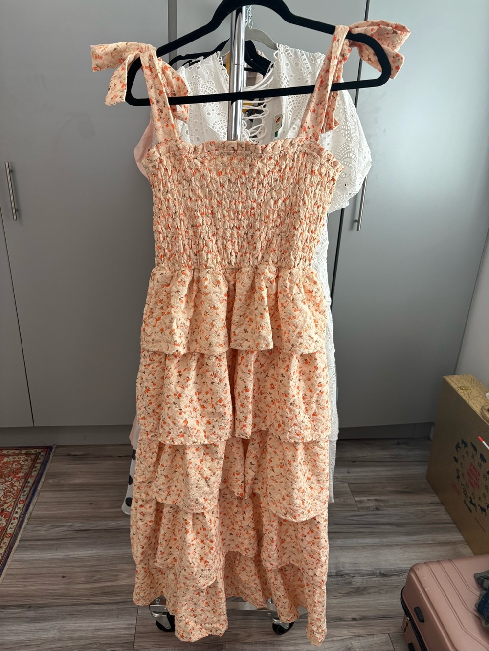 Just Me Peach Floral Tiered Maxi Dress with Tie Straps